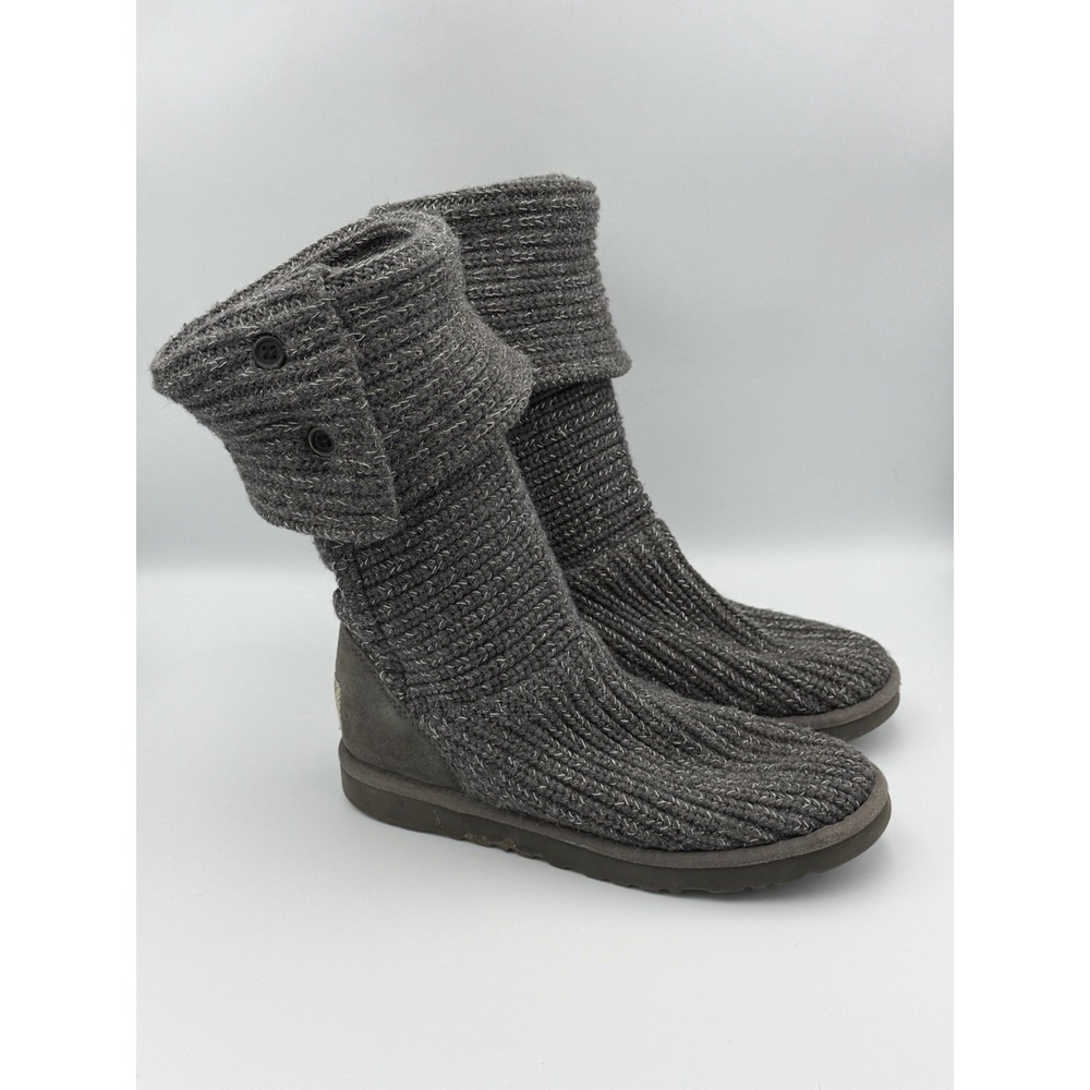 UGG Womens 8 Classic Cardy Knit Boots Gray Button Foldable Sheepskin Lined Cozy